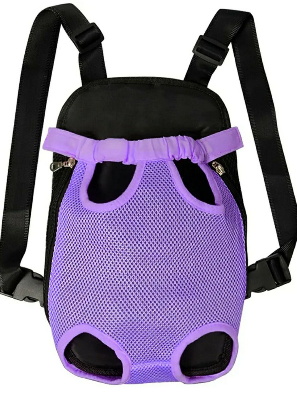 Pet carrier backpack purple mesh legs-out designed for hands-free transport.